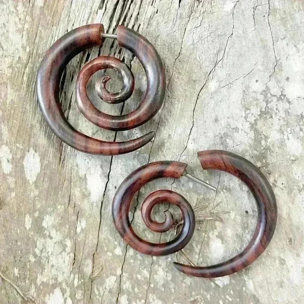 Organic wooden spiral hoop earrings fake gauges by umbrellalaboratory - Picture 3 of 8